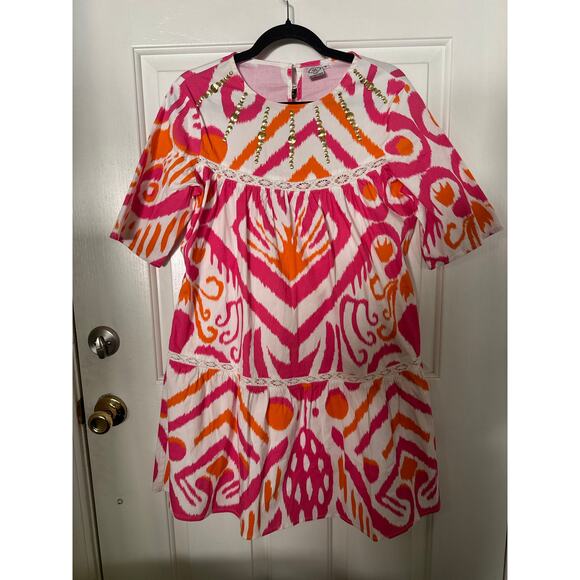 Sheridan French Embellished Short Sleeve Crew Neck Tiered Mini Dress Pink Small - Picture 3 of 9